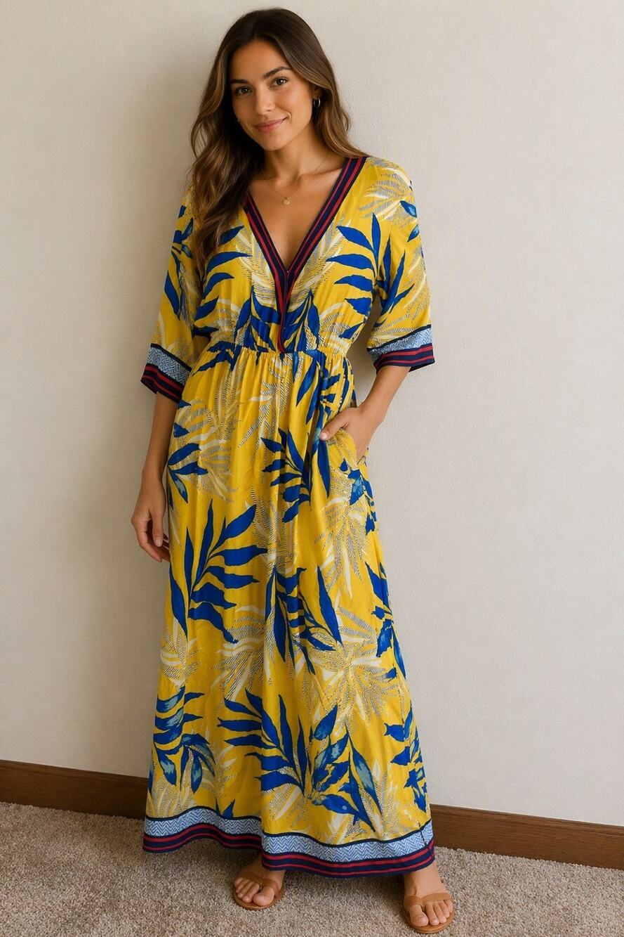 Flying Tomato Tropical Palm Print Maxi Dress Yellow Blue Boho Wrap V-Neck Small
